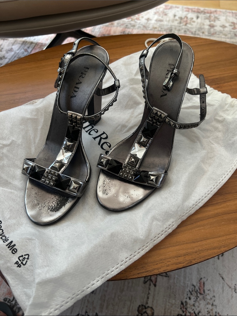 Prada Metallic Gunmetal Pyramid Stud T-Strap Sandals